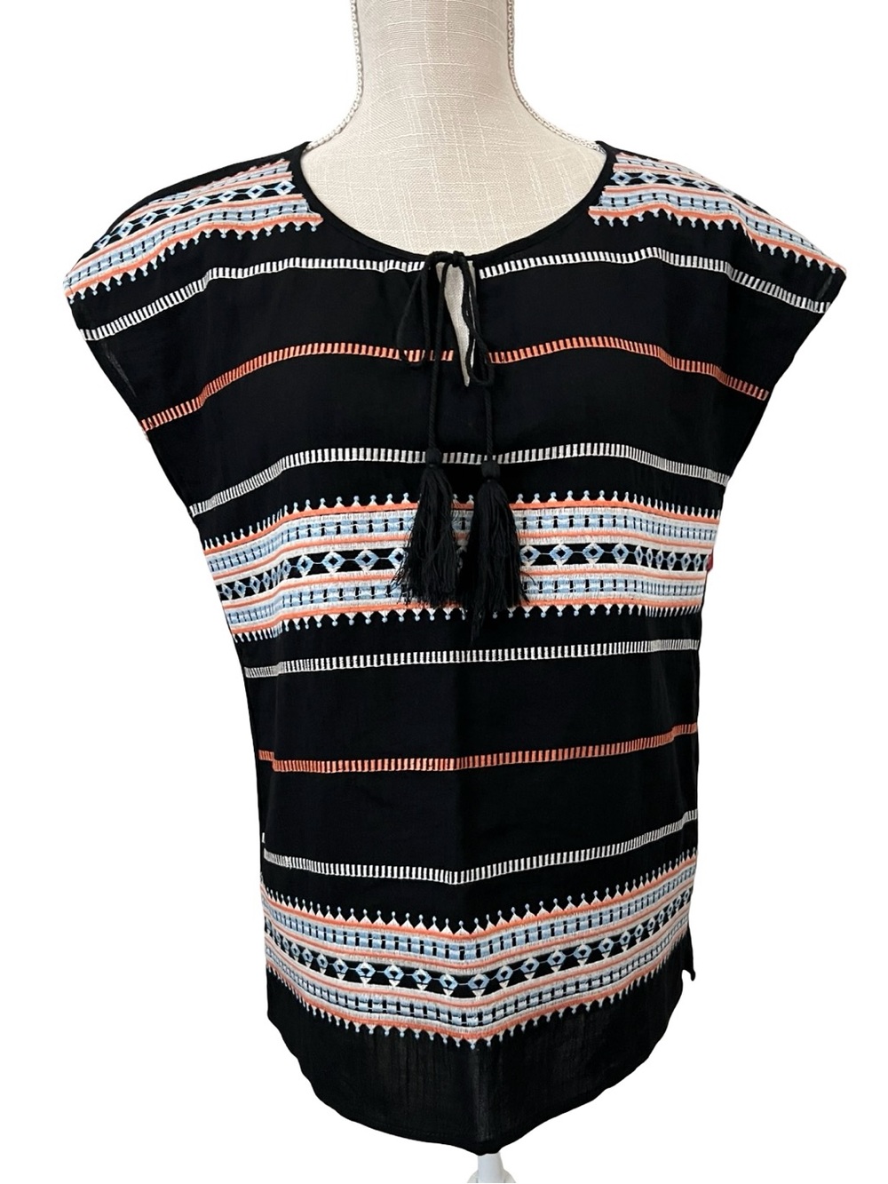 THML Black Aztec Boho Embroidered Boxy Top Size Small